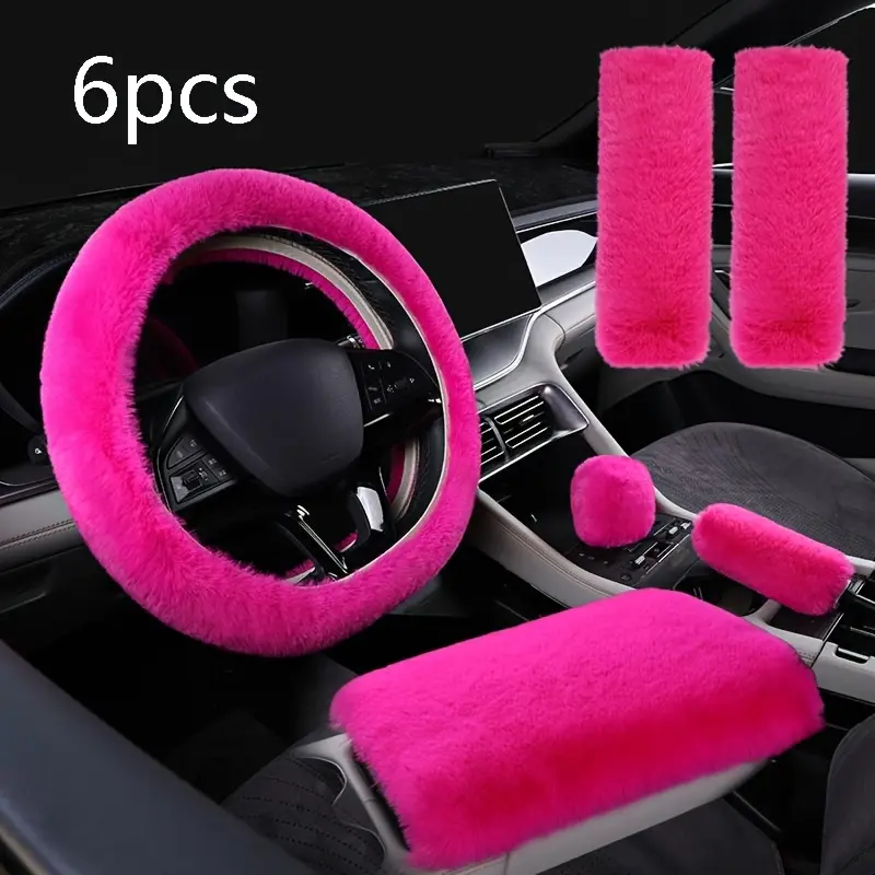 6pcs Luxury Winter Fashion Steering Wheel Cover Set, Soft Plush Warm Handbrake Covers, Universal Fit for Cars Suvs, Perfect Christmas Gift, Car Interior Set