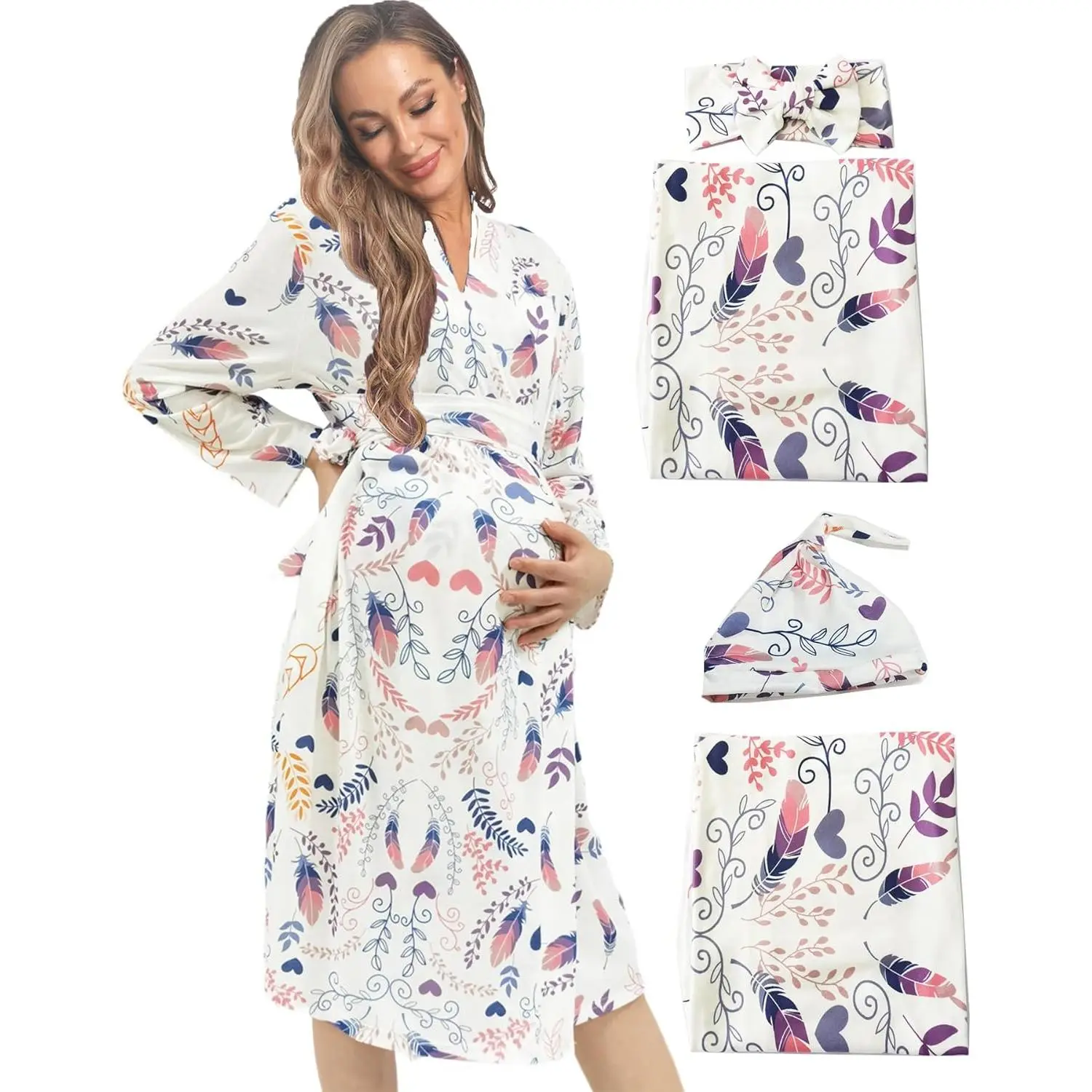 Maternity Robe with Matching Swaddle Set, Soft Women Maternity Sleepwear Bathroom Long Sleeves Robe