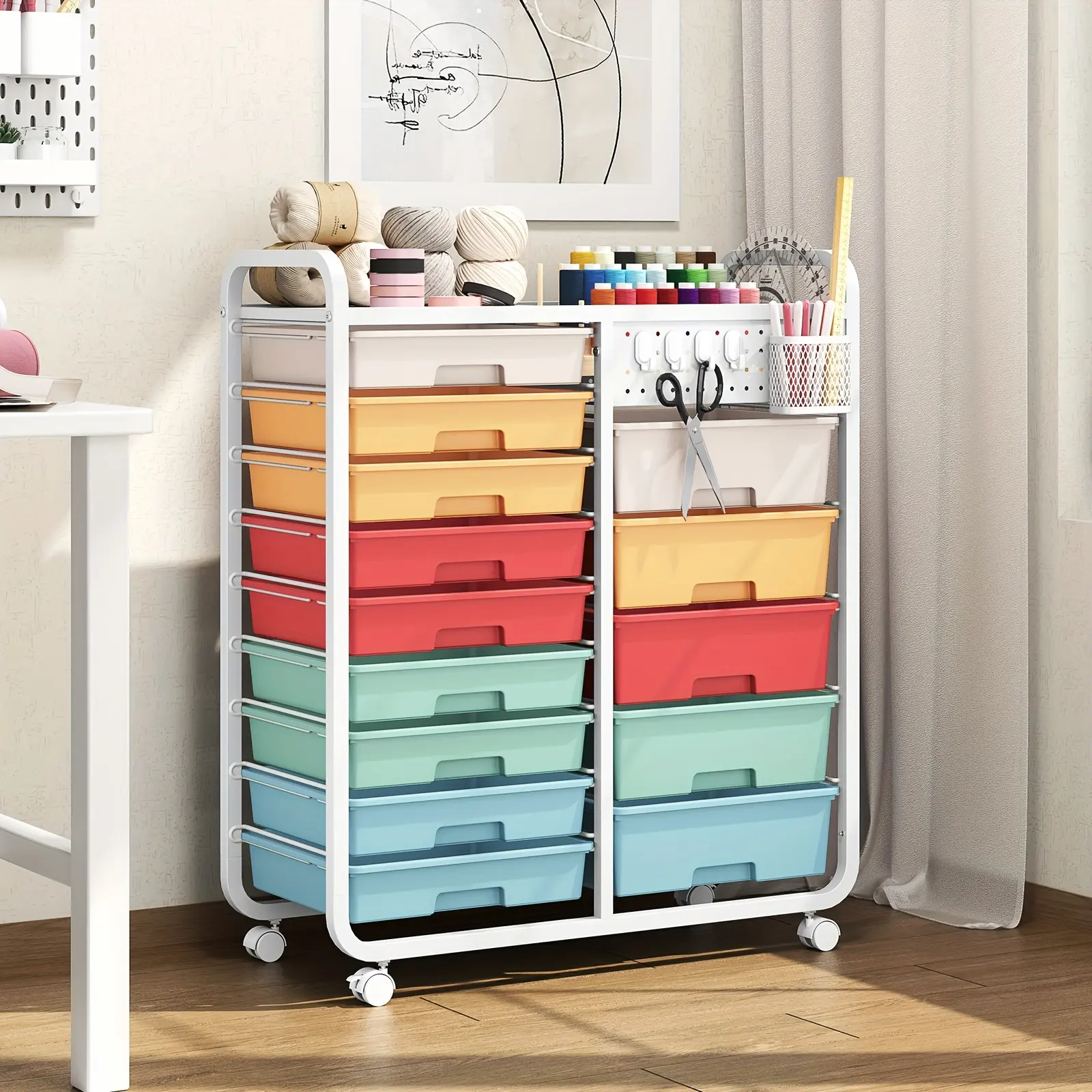 TOOLF 14-Drawer Rolling Storage Cart with Tabletop & Pegboard, Mobile Utility Cabinet on Wheels - Durable Metal Organizer with 14 Spacious Drawers, 3.2 Cu Ft Capacity & 27" Height for Home, Office, School, Craft, Art Supplies, Craft Storage Cart