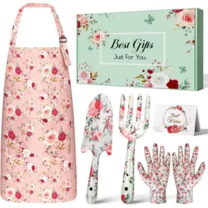 Gardening Gifts for Women Gardening Tools for Mom Grandma Wife Garden Tools with Hand Fork Trowel Gloves Apron Gardening Supplies Kit Birthday Present Pink