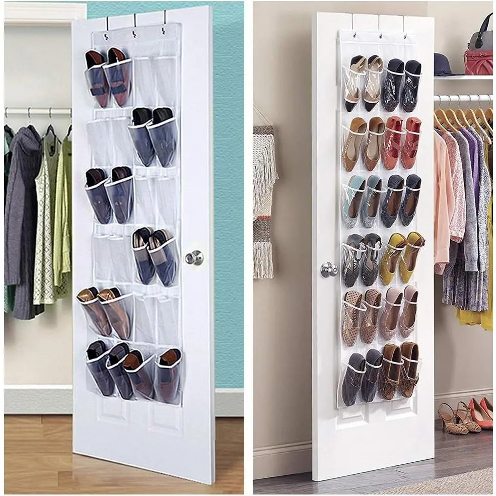 SICANDAENHK PVC 24-Pocket Hangable Over-the-Door Shoe Organizer, Premium Clear Door-Mounted Storage Holder with 3 Metal Hooks for Closet, White Home Organizer Shoe Rack