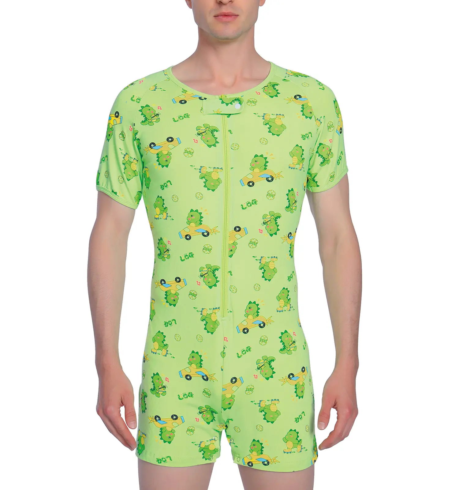Landofgenie Men's Green Dinosaur Print Short Sleeve Jumpsuit, Casual Loungewear, Comfortable Stylish Sleepwear Pajamas Onesie Menswear Soft Love Relaxed Fit Shortsleeve Classic Cotton Bodysuit Breathable Crew Neck Garment Spandex