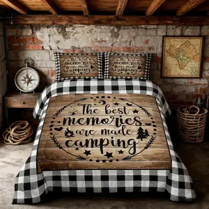 Happy Camping Comforter Set,Camper RV Trailer Decor Bedding Set for Kids Boys Girls Adults,Rustic Wooden Plank Geometric Grids Down Comforter