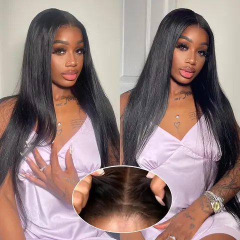 [Newly Upgrade] Yilike Wear and Go Glueless Wigs Human Hair Pre Plucked Pre Cut 13x6 Lace Front Straight Human Hair Wigs with Drawstring Upgrade Ear-to-Ear 180 Density HD Transparent Frontal Wigs for Women Natural Black with Baby Hair Beginner Friendly