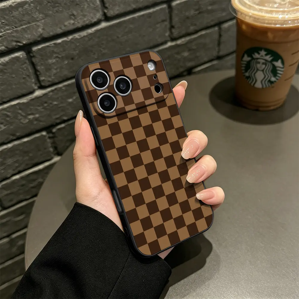 Brown Coffee Checkerboard iPhone Case, Retro Plaid Pattern Phone Case for iPhone 17 Pro Max 16 15 Plus 14 13 12 11 XR XS Galaxy S25 S24 S23 S22 S21, Shockproof Durable Protective Case