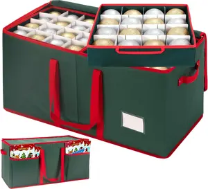 Christmas Ornament Storage Box with Adjustable Dividers, Christmas Ornaments Organizer with Zippered Top, Storage Container Bin with Side Pockets for Holiday Decorations (128 Balls, Green, with Tray)