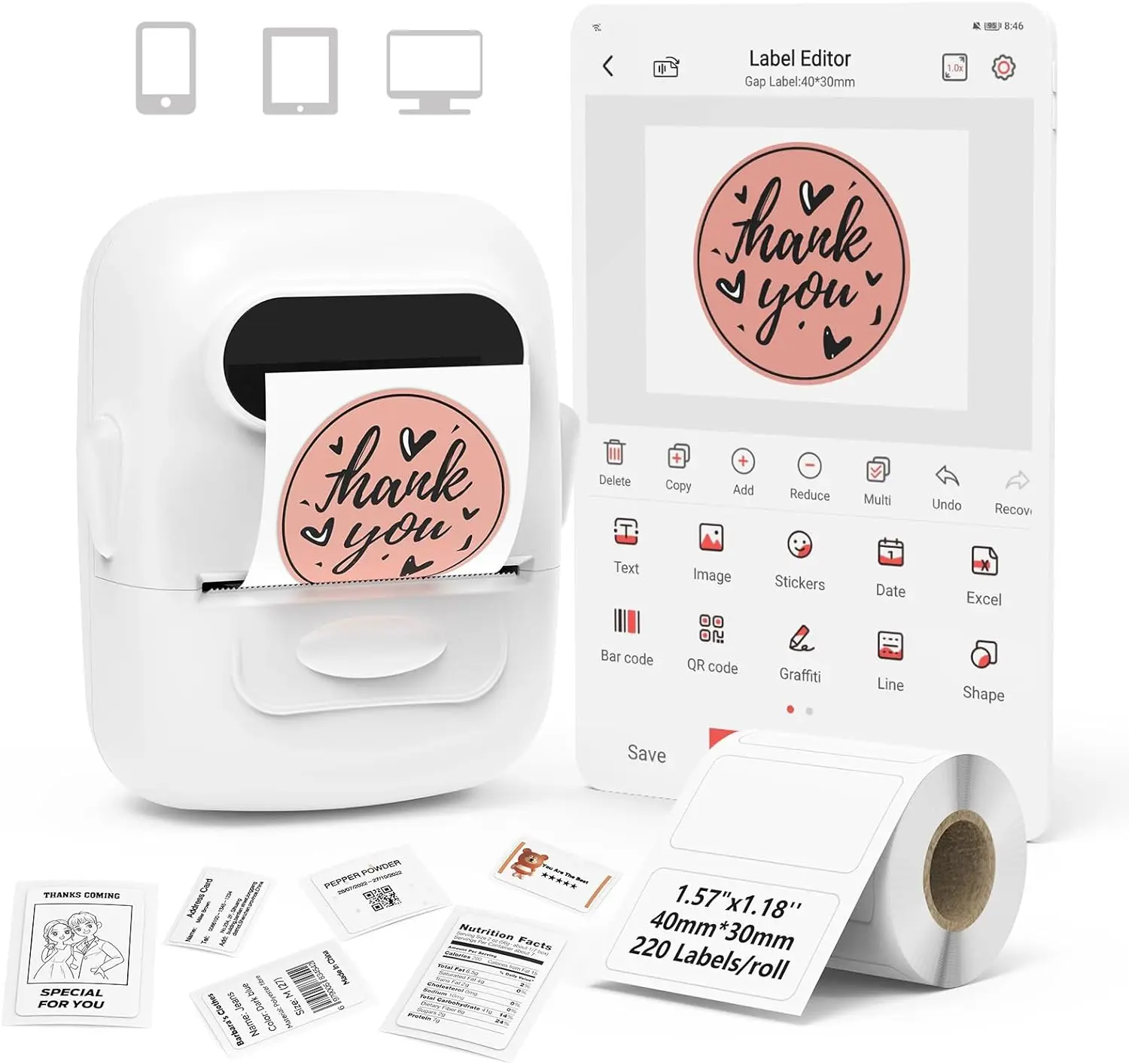 Label Maker Machine with Tape Barcode Label Printer - Mini Portable Bluetooth Thermal Labeler for Address Clothing Jewelry Retail Barcode Small Business Home Office