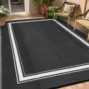 Outdoor Bordered Rug 100% Virgin Polypropylene Plastic Reversible Eco-Friendly Waterproof Easy to Clean Versatile for Balconies Terraces Beaches RVs Picnics and Pools