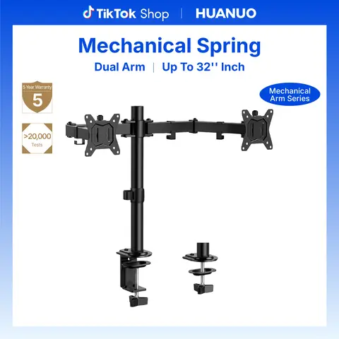 HUANUO Sturdy Steel Dual Monitor Desk Mount Riser - Office Accessories, Adjustable Arms, Reinforced Base, 16.3in Eye Level, Declutters Work Area, 360° Swivel, Holds 2 Max 32" Screens (17.6lbs per Unit), ±90° Tilt Adjust, Monitor Riser