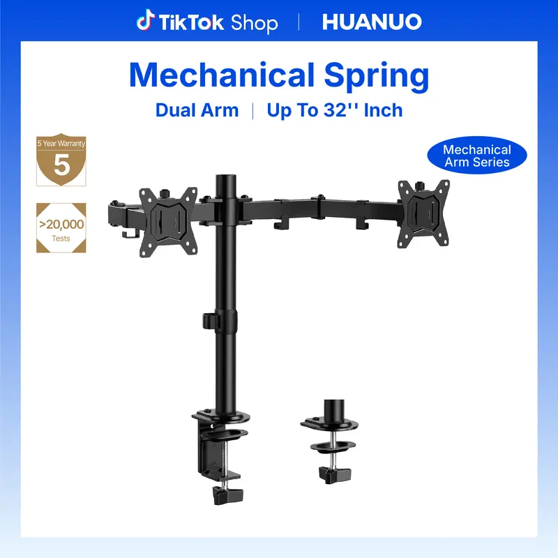HUANUO Sturdy Steel Dual Monitor Desk Mount Riser - Office Accessories, Adjustable Arms, Reinforced Base, 16.3in Eye Level, Declutters Work Area, 360° Swivel, Holds 2 Max 32" Screens (17.6lbs per Unit), ±90° Tilt Adjust, Monitor Riser