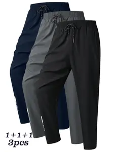 Men’s 3-Pack High-Stretch Ice Silk Casual Athletic Jogging Pants, Breathable Quick-Dry Running Trousers for All Seasons Fitness Training, Featuring Zipper Pockets and Drawstring Waist, Suitable for Golf, Fishing, Basketball, Camping, Gym, and Beach Runnin