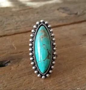 Studded Oval Statement Adjustable Ring - Turquoise Stone, Sterling Silver,