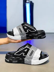 Men'S Color Block Slide Sandals, Bold Black Blue Design Slipper, Casual Slipper, 3D Texture Detail, Heel Air Cushion For Shock Absorption, Breathable Mesh Lining, Non-Slip Segmented Outsole, Perfect For Streetwear, Post-Workout & Short Trips