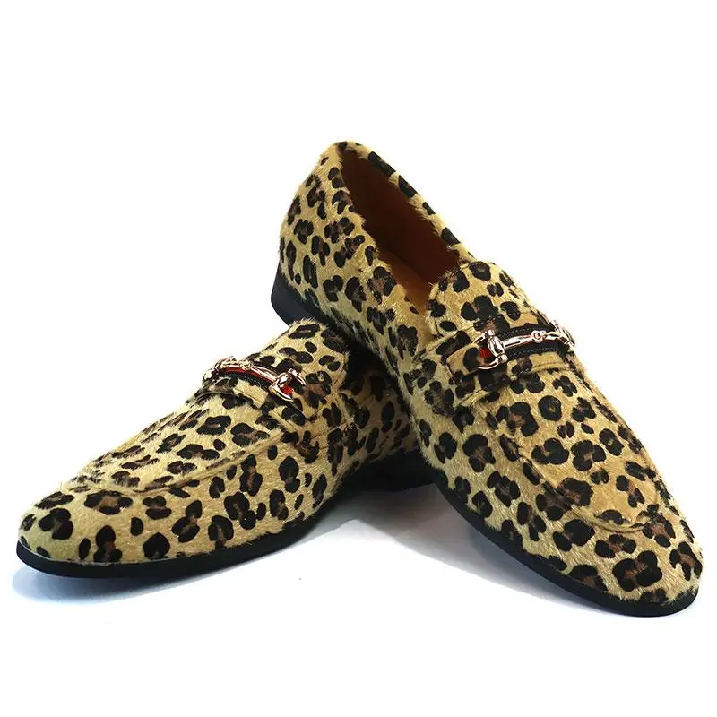 Men's Slip On Tan Leopard Loafers With Gold Buckle Dress Shoes AZAR MAN