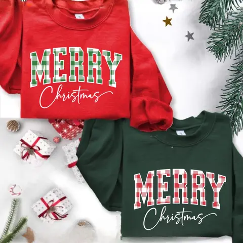 Women's Fitted Crewneck Sweatshirt - Cute Seamless Buffalo Plaid Christmas Design, Round Neck, Long Sleeve Spandex-Cotton Fabric, Minimalist Comfortable Casual Winter Top, Hoodie-Compatible, XXL, Merry Christmas Xmas Family Gift, Matching Sweatpants Piece
