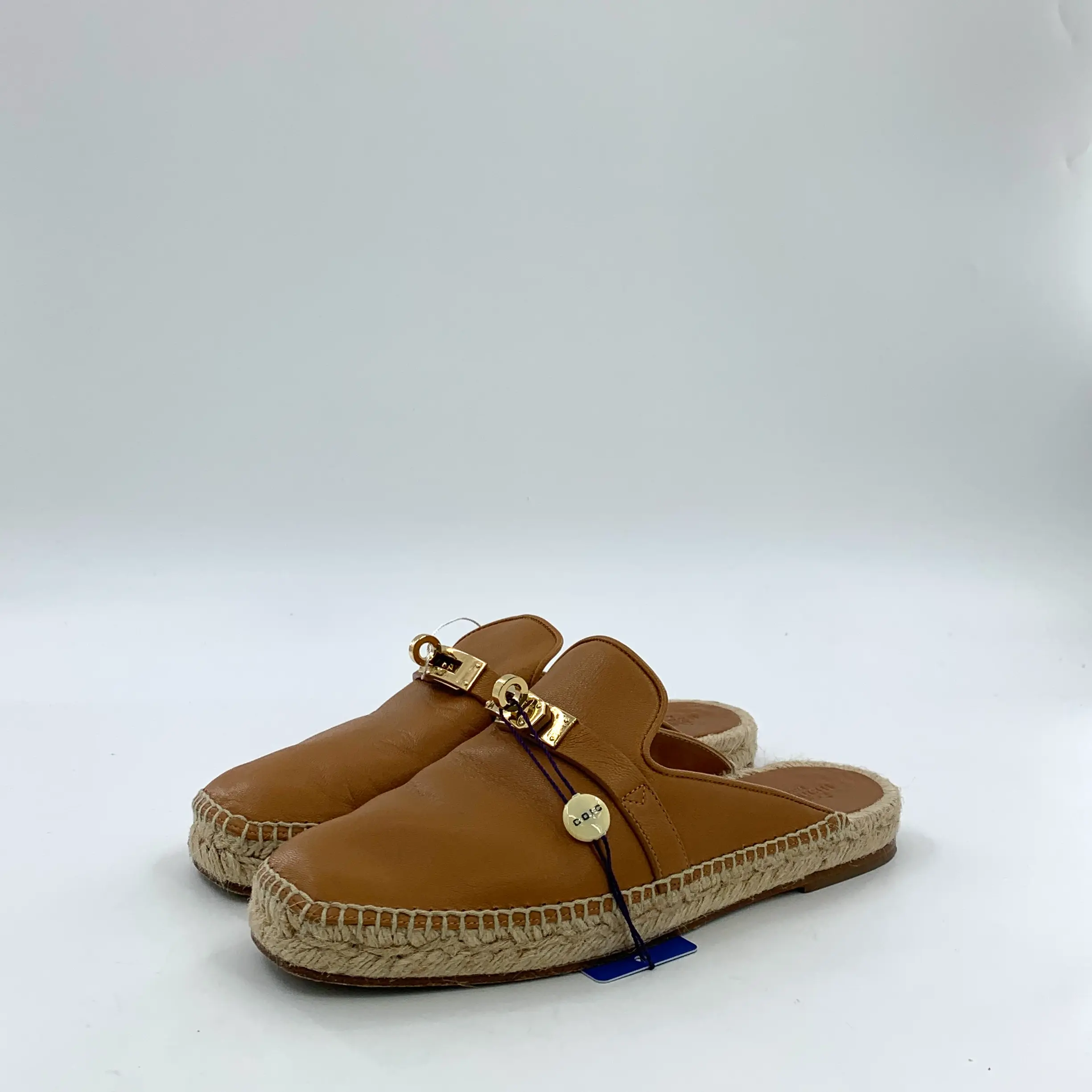 RDLT-Hermes Size 36 Brown Leather Kelly Gold Buckle Espadrille Flat Mules-J37690