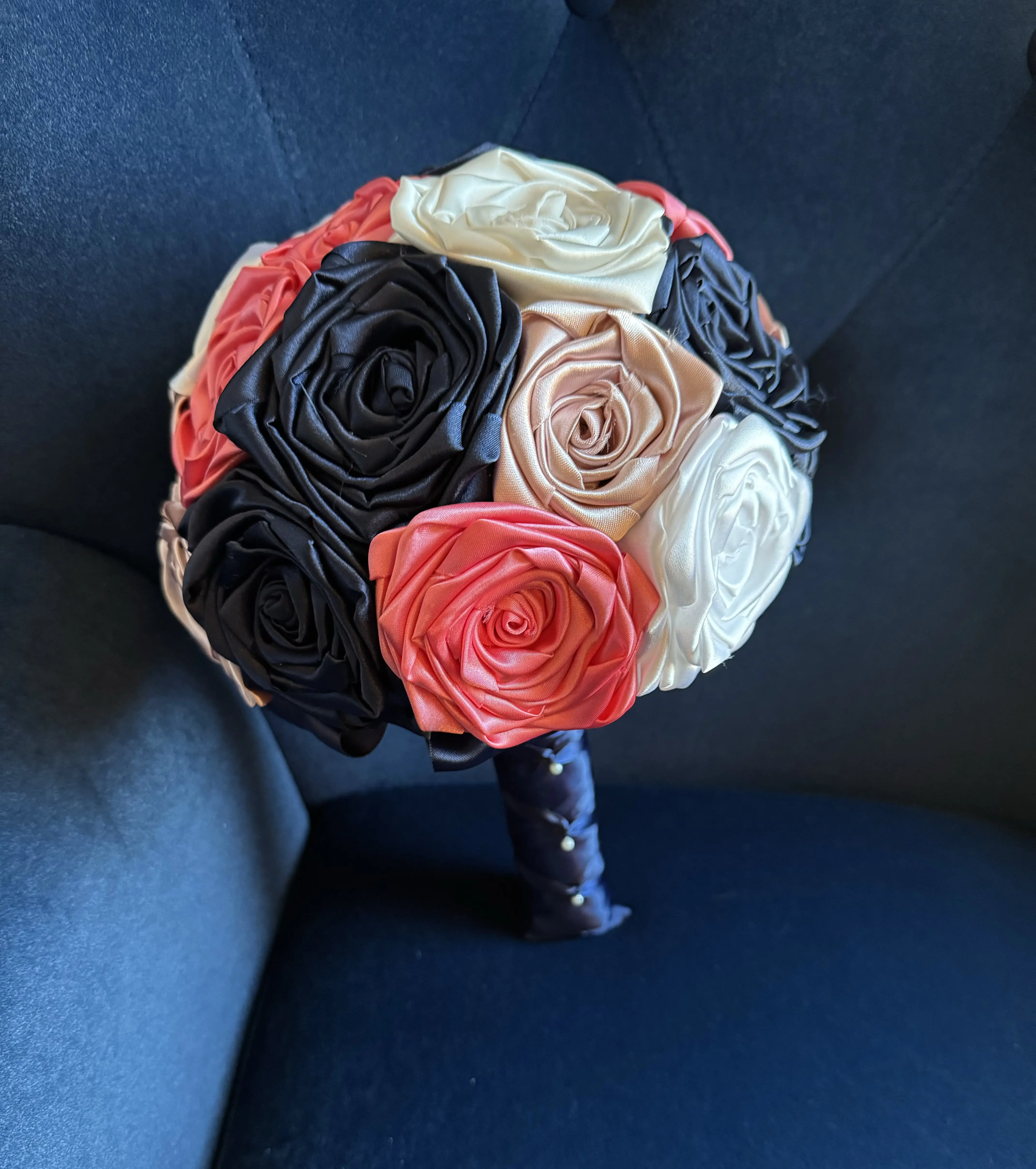 Jordan’s Bouquet | Navy Blue, Coral, Blush Pink, White, & Ivory | Coral Wedding Bouquet | Rustic Wedding | Outdoor Wedding | Spring Summer Bouquet | Handmade Satin Rose Bouquet
