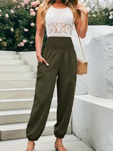 Women's Casual Elastic Waist Woven Pants Double Pocket Harem Pants