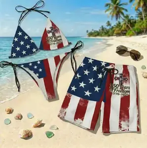 Patriotic USA Flag 2-Piece Matching Bikini & Swim Trunks Set, America 250 1776-2026 Freedom Summer Beachwear Swimwear