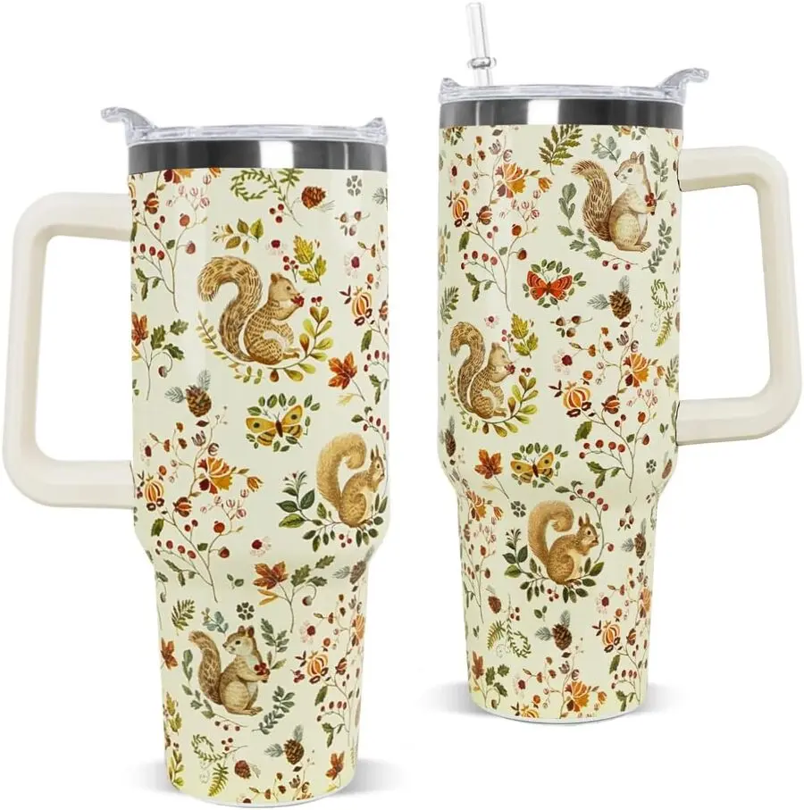 40 oz Reusable Stainless Steel Insulated Squirrel Tumbler Mug - Portable Coffee Water Bottle with Handle, Straw, Lid, Retro Butterfly Design - Cute Kitchen Drinkware Gift for Squirrel Lovers