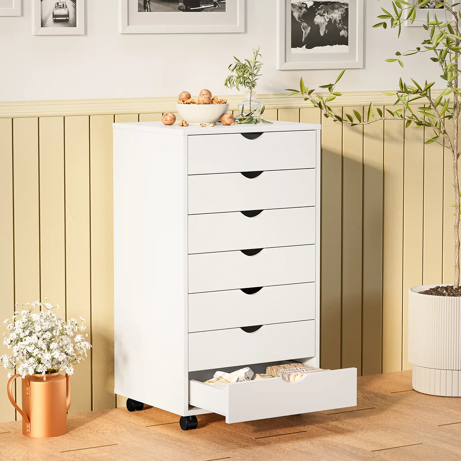 Sweet Furniture 7 Drawer Chest - Storage Cabinets Dressers Wood Dresser Cabinet with Wheels Mobile Organizer Drawers for Office, Bedroom, Home