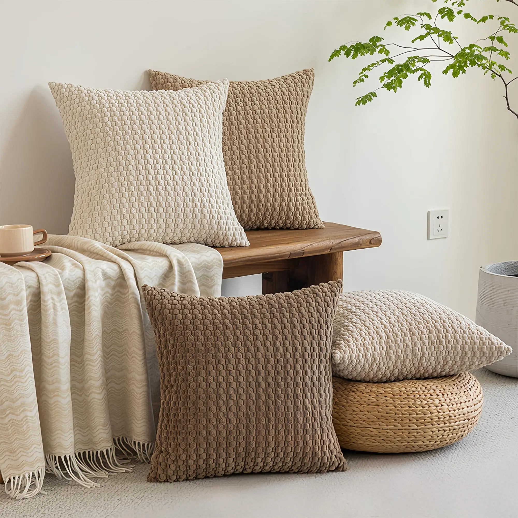2-Piece Ultra Soft Bubble Velvet Textured Corduroy Cushion Covers for Couches and Sofas - 18in Square Washable Decorative Pillow Covers, No Filling, Ideal for Bedroom & Home Makeover, Washable Cover