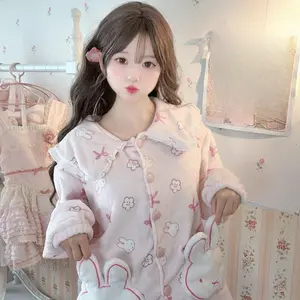 Kawaii Miffy Miffy Rabbit Pajamas Cute Pink Flannel Pajamas for Girlsh Long-sleeved Fleece and Thickened Cartoon Home Wear