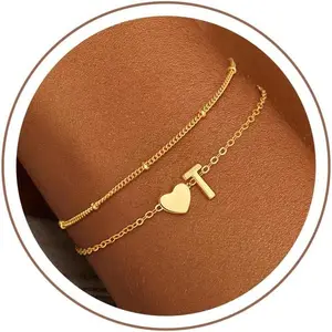 Easter Basket Stuffers Gifts for Kids Girls, 14K Gold Plated Heart Initial Bracelet Teen Girl Gifts Trendy Stuff Dainty Gold Bracelets for Women Girls Easter Gift