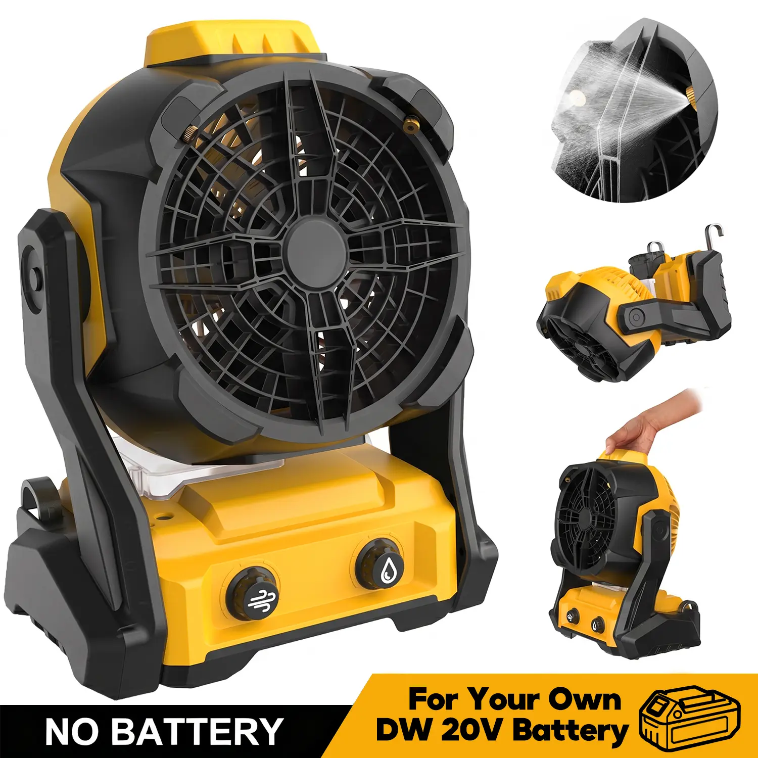 Portable Misting Fan for Dewalt 20V Max Battery( Tool Only), Battery Powered Electric Mist Fan for Outside Camping Tent Room Office Jobsite Fishing, Oscillating Cooling Fan with Hook, Charging Port