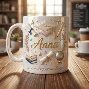 Graduation Dream Big Mug with Name, 2D Printed 3D Effect Pearl White Coffee Cup with Globe and Cap, Inspirational Graduate Keepsake for Daughter Sister Best Friend, Perfect Birthday Graduation Celebration Gift
