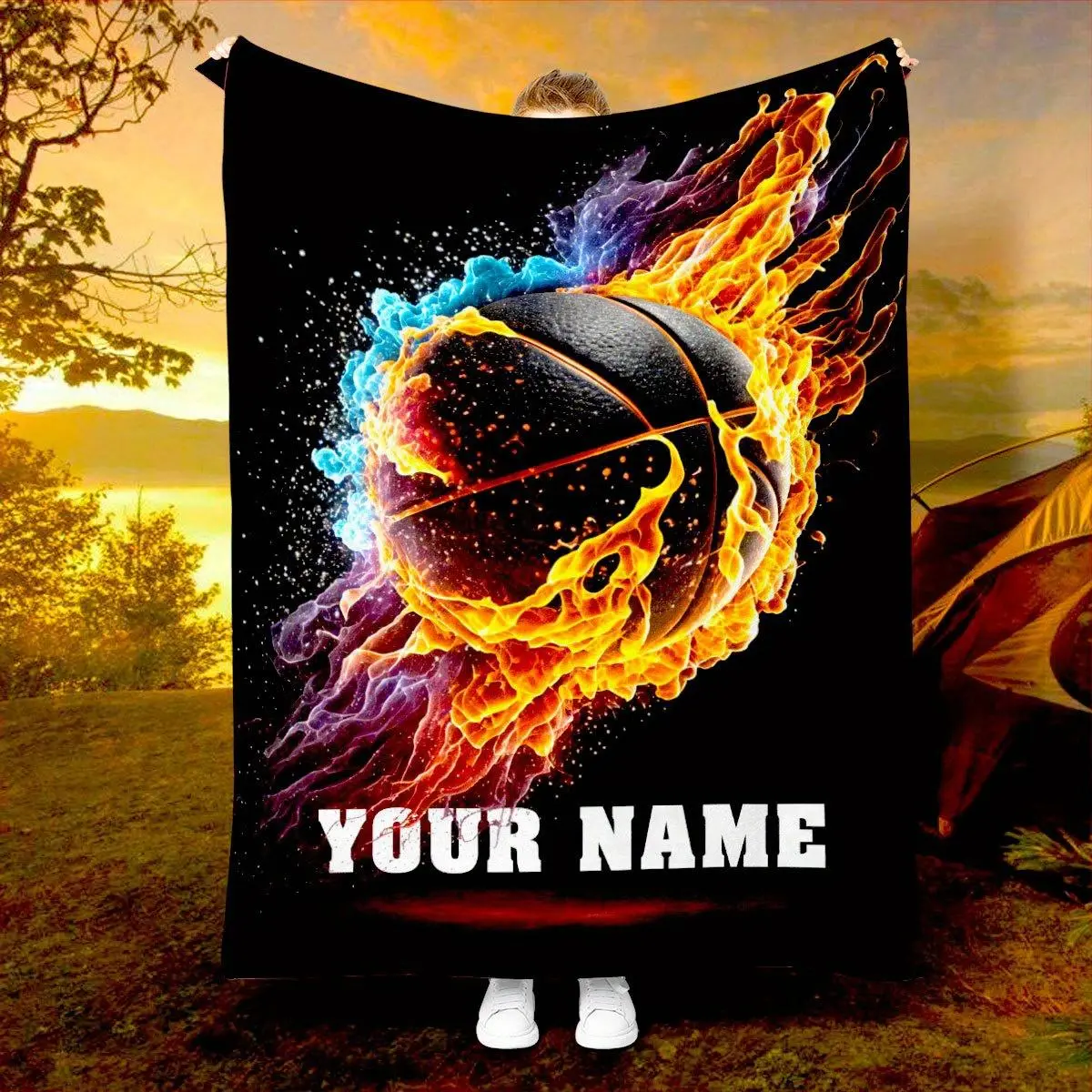 Custom Name Flame Basketball Graphic Print Blanket - 1pc Personalized Lettered Custom Blankets, 70.8x86.6in Extra Large Soft Warm Bedding Throw, Sports Theme Gift for Bed, Outdoor Camping, Personalized Blankets