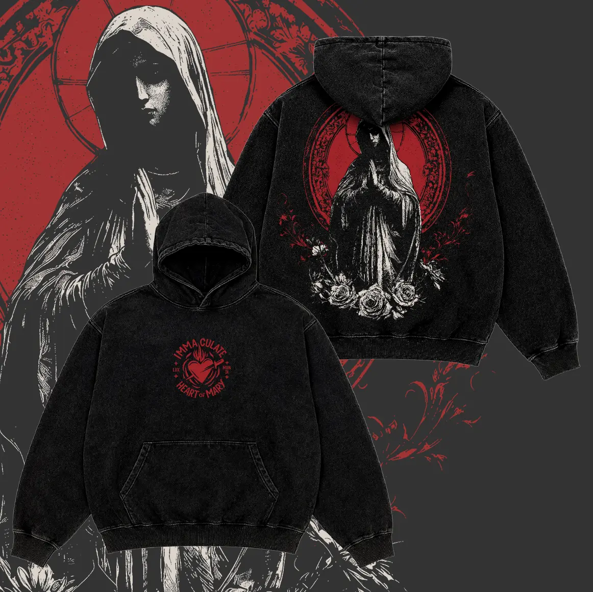 Immaculate Heart of Mary Virgin Mary Catholic Christian Menswear Vintage Washed Pullover Hoodie, Front and Back Religious Graphic, Gothic Faith Streetwear