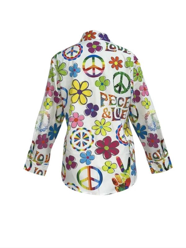 Women's Bohemian Style Printed Long Sleeve Shirt, Vibrant Peace Love Design, Casual Button Up for All Seasons