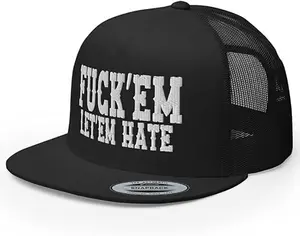 NX Fuck'Em Let'em Hate Embroidered Flat Bill Trucker Hat High Crown Adjustable Cap, Embroidered Hat, Trucker Hat