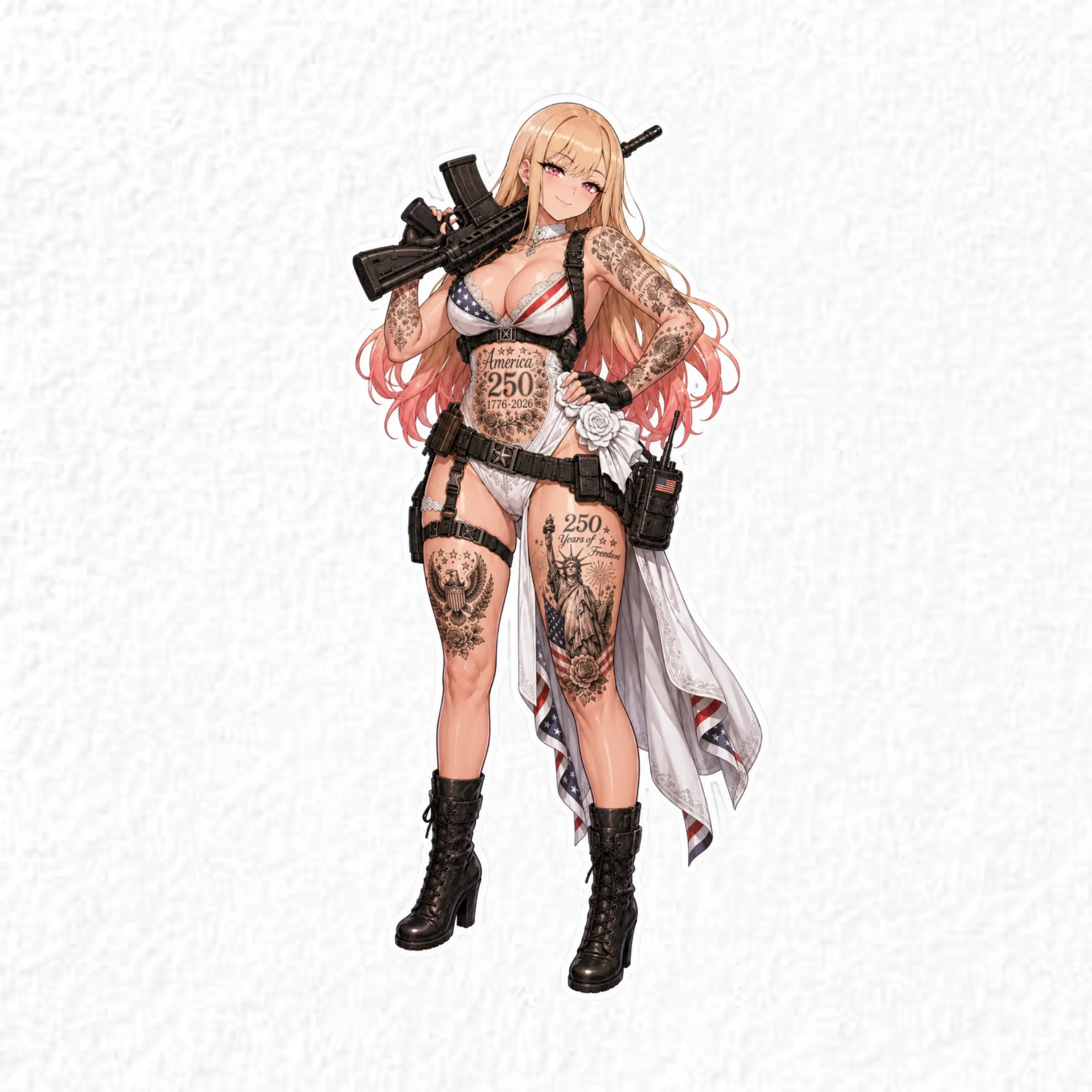 Marin Tactical Bride Anime Sticker, America 250 Freedom Vinyl Decal, Patriotic Waifu Laptop Sticker