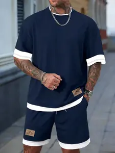 Men's Plus Size Two-Piece Set Short Sleeve Shorts, Embroidered Patch Design, Comfortable Casual Wear for Daily Use