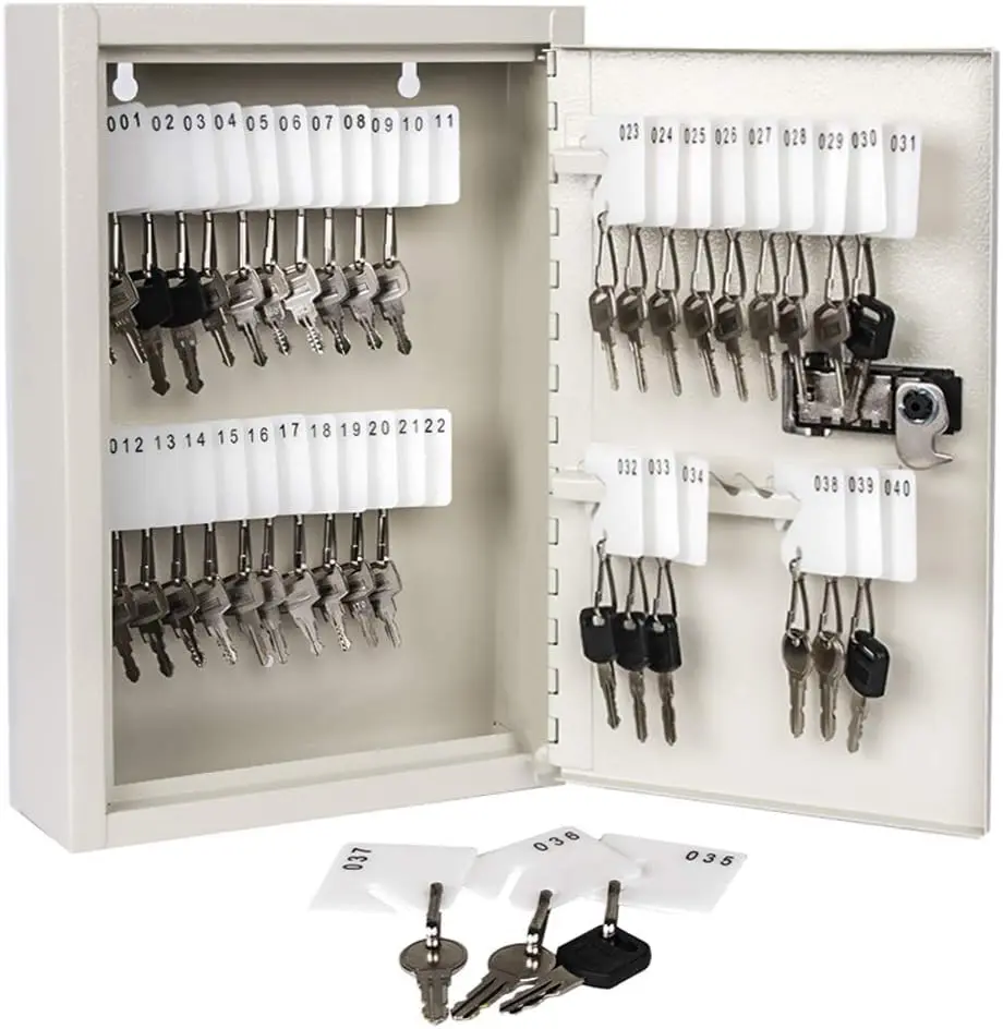 KYODOLED Key Storage Lock Box with Code,Locking Key Cabinet, 40 Key Management Wall Mount with Combination Lock, Key Hooks & Tags Key Labels, 2.5" D X 8.1" W X 12.1" H (White,40 Key) GTlight