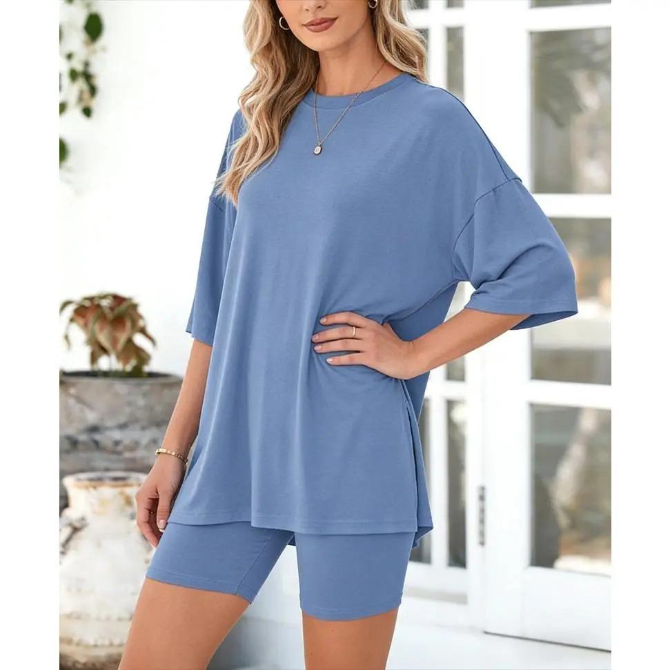 Crewneck Two-Piece Set For Women Summer Casual Oversized Split Hem Shirts & Side Pocket Biker Shorts Minimalist Lounge Wear Soft Viscose Fabric Comfy Homewear Cozy Pjs#Summervibes#SwimWeek