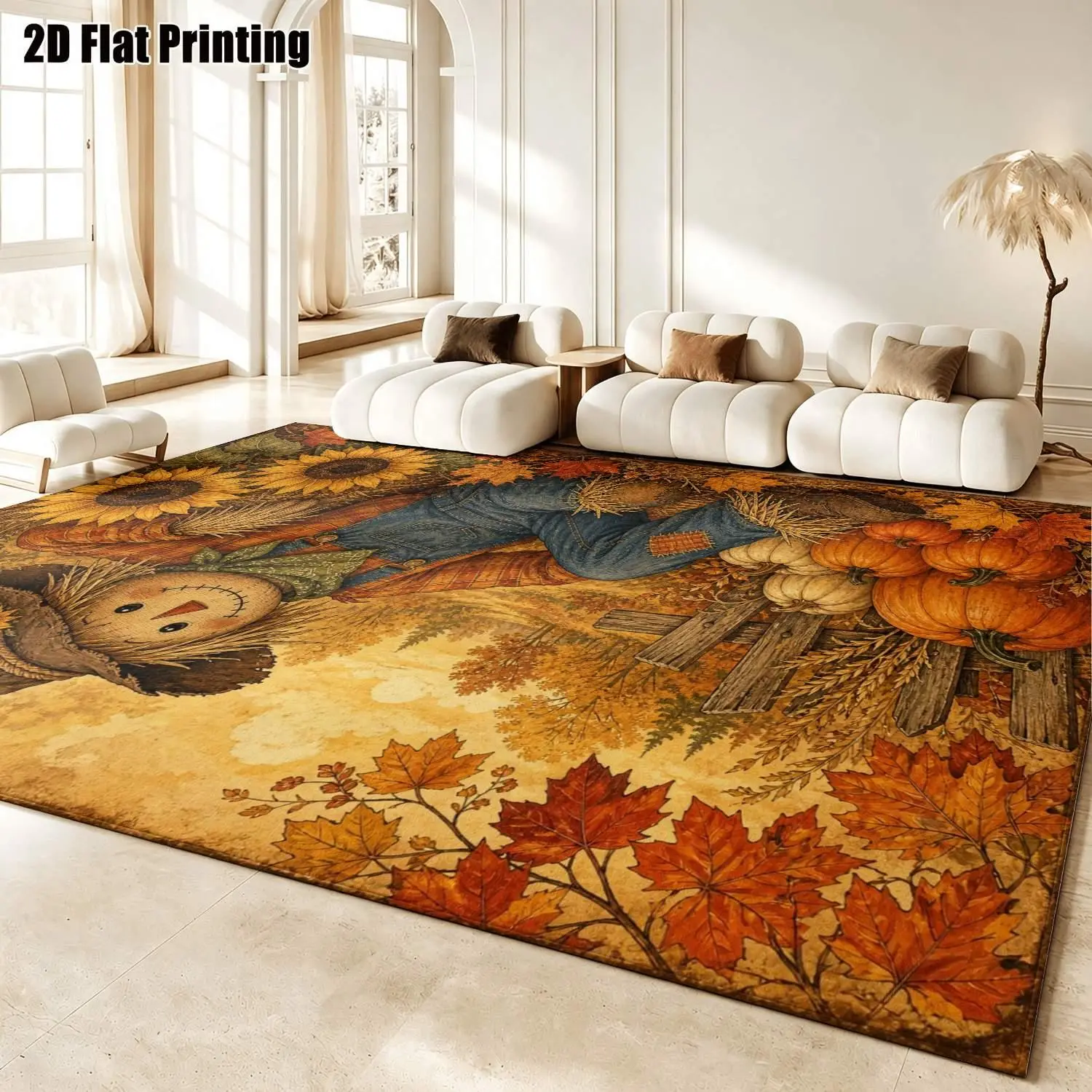 Large indoor area rug, soft velvet low pile with non-slip dotted backing, machine washable, vintage autumn scarecrow sunflower pumpkin maple leaf pattern, ideal for living room, bedroom, entryway, Thanksgiving home decor
