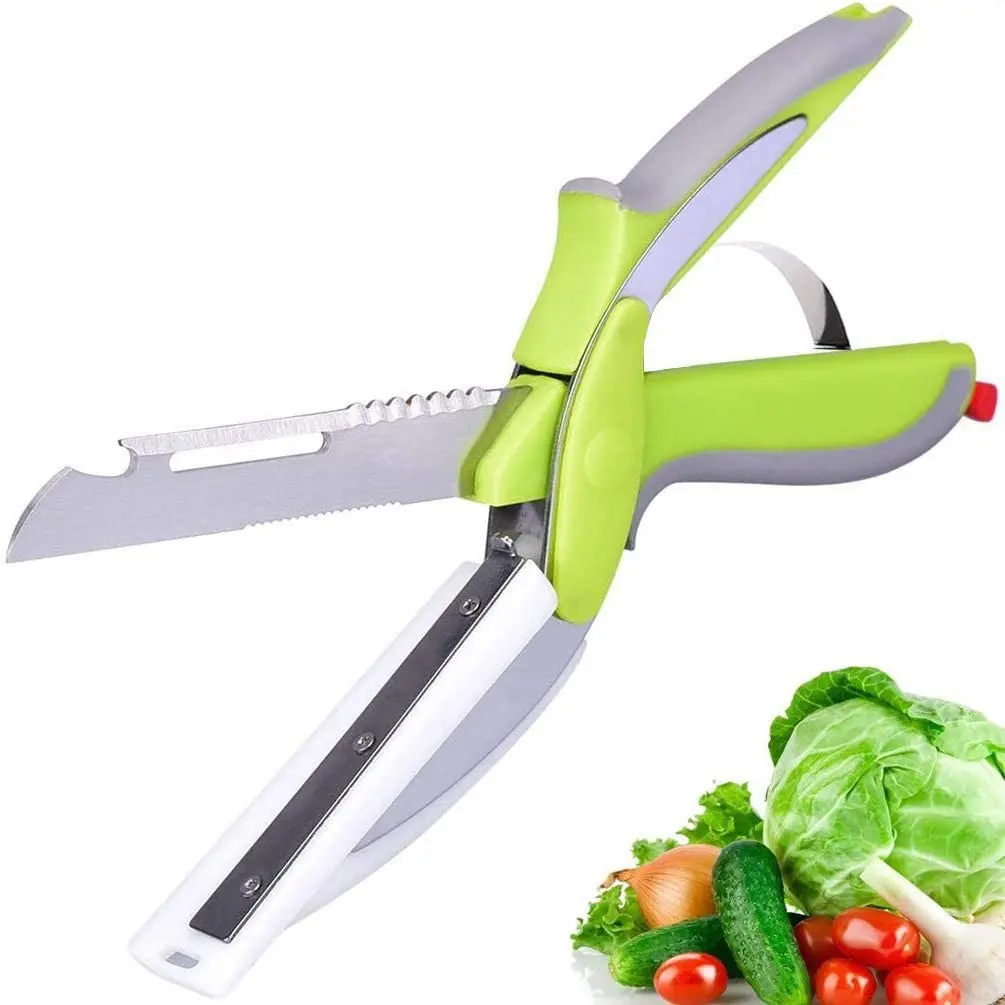 6-in-1 Non-Toxic Stainless Steel Kitchen Scissors with Plastic Cutting Board & Safety Lock - 9.6-in Meal Prep Tool, Less Mess Cutter for Tomato, Meat, Cheese