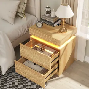 FREDEES Geometric Textured Night Stand with Charging  Station and 3 LED Lights, 3 Drawers Bedside Table with Hidden Storage, Lockable End Side Table for Bedroomsmall night stand