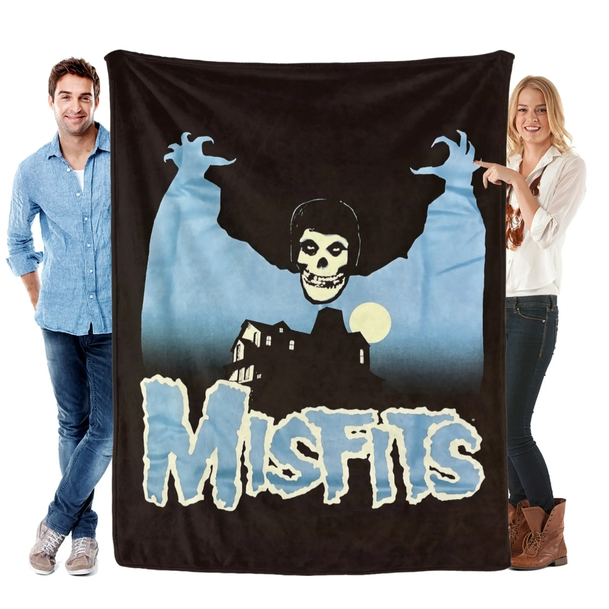 Misfits Haunted House Punk Rock Flannel Soft Fluffy Blanket - Vintage Band Poster Throw with Eerie Skull, Haunted House, Silhouette Design, Cozy, Ideal for Punk Fans, Whimsical Home Decor, Gifting, Year-Round Snuggling, Cozy Setup
