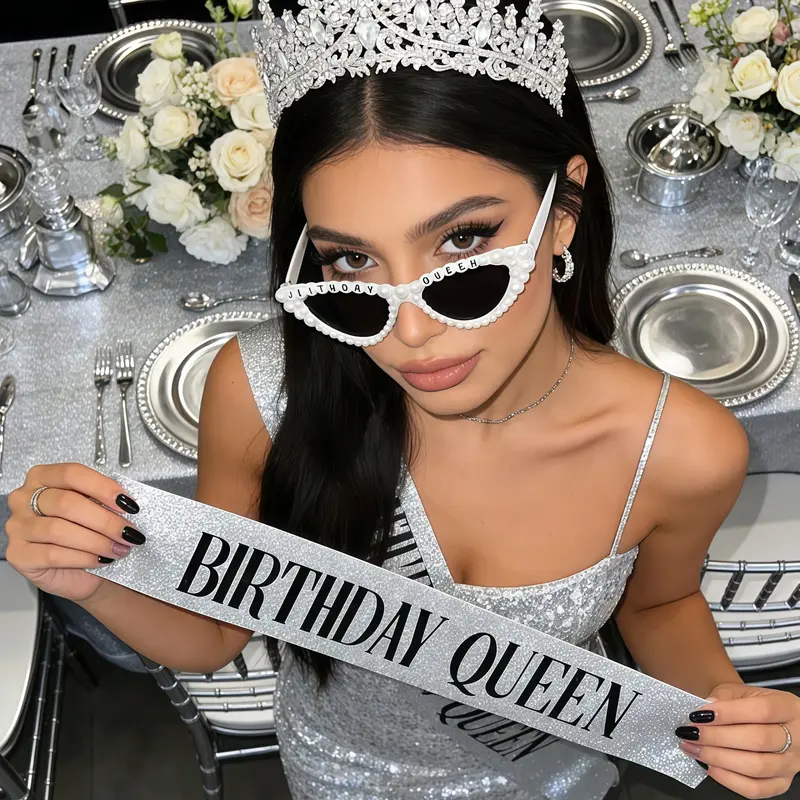 Silver Crystal Princess Crown and Glitzy Birthday Queen Sash Party Set Amazon.com: CAVETEE  main image 4