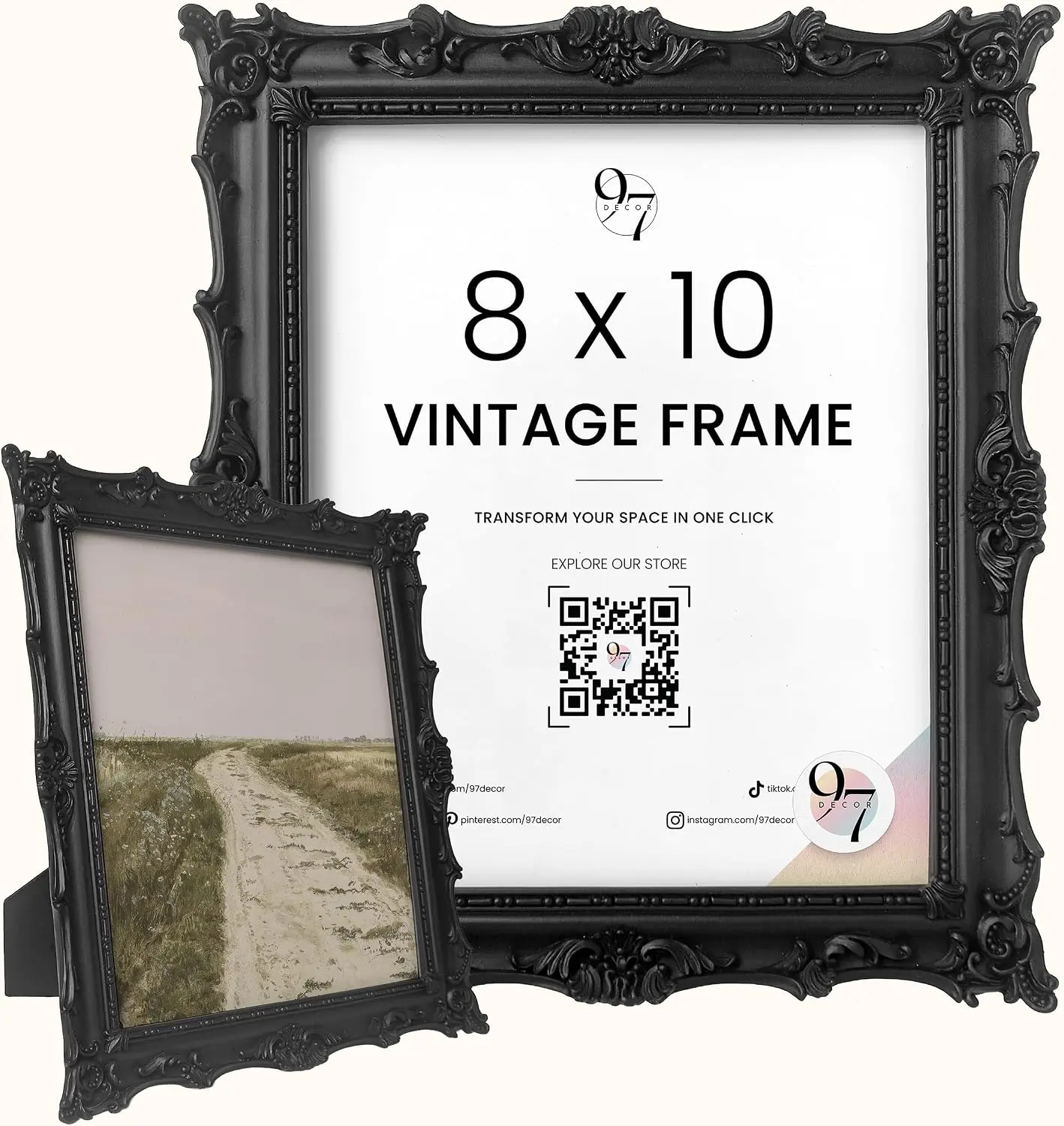 Vintage Black Photo Frame - 1-Piece 8x10 Ornate Baroque Resin Antique-Style Home Decor Frame for Tabletop & Wall Display