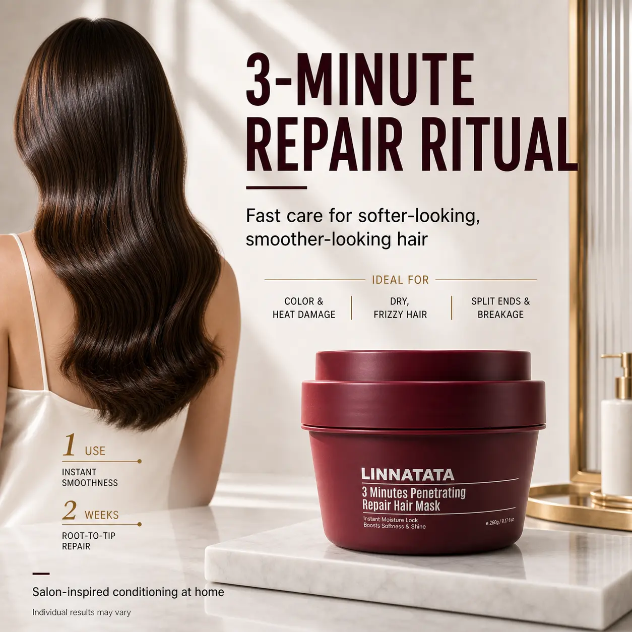 LINNATATA Bond Repair Hair Mask with Squalane & Macadamia Oil- Helps Restore Softness & Shine, Deep Conditioning Treatment for All Hair Types