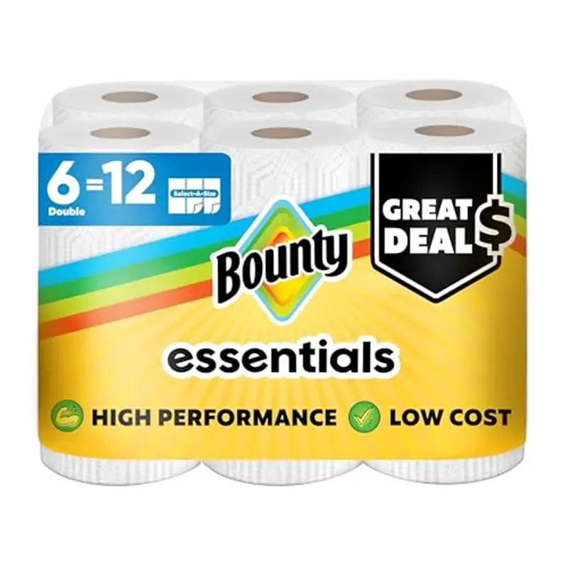 Bounty Essentials Select-A-Size 1-Ply Cleaning Kitchen Rolls & Wipes, 6 Double Packs, White, 108 Sheets Per Pack, Boxed, Durable Home Care Supplies