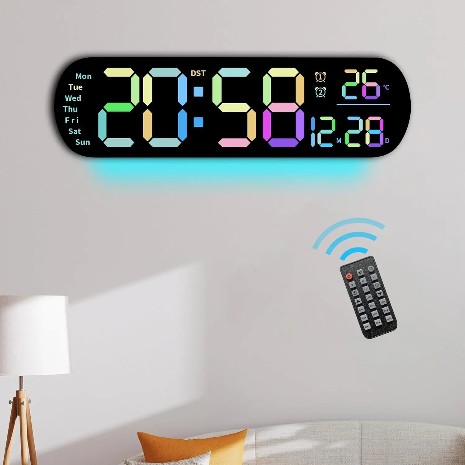 SmartHomeTech Remote-Controlled RGB Digital Wall Clock 13.7-inch LED Alarm Clock with Time Date Temperature Display Countdown Dual Time Mode Brightness Adjustment for Living Room Aurora Atmosphere Magic Tool