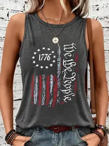 American Flag Print Fashion Casual Round Neck Women's Sleeveless Vest, Soft Elastic, Suitable for All Seasons, Loose Fit, Graphic Style, Womenswear