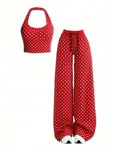 American Style Y2K Fashion Polka Dot Set, Crop Top + High Waist Wide Leg Pants, Perfect for Streetwear, Parties, Travel, Women's Clothing