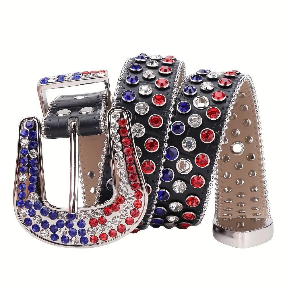Rhinestone Grommet Punk Faux Leather Belt Adjustable Y2K Western Cowgirl macoking Black Rhinestone Belt Y2K Western Bling Cowboy  main image 4